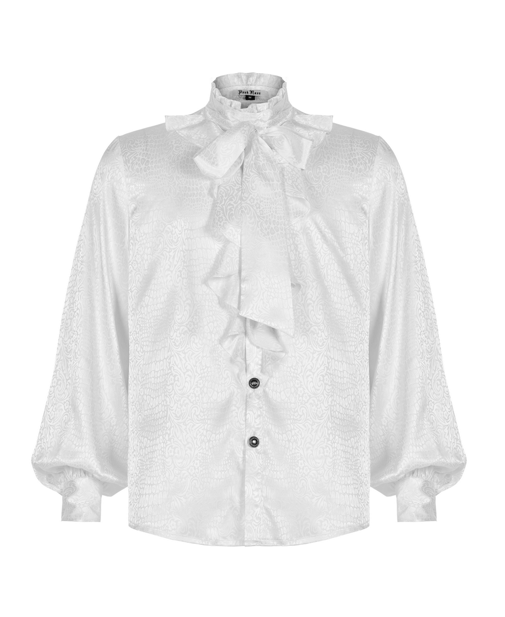 Elegant white ruffled gothic blouse with high collar and detachable tie, perfect for stylish occasions.