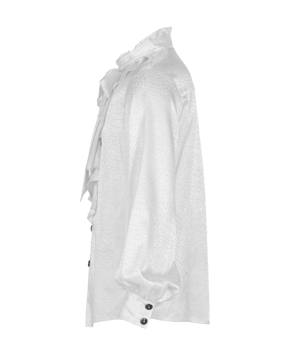 Elegant white ruffled gothic blouse showcasing a high collar and intricate details, perfect for stylish occasions.