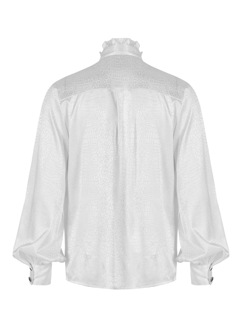 Elegant white gothic blouse back view with ruffles, showcasing intricate jacquard fabric and high collar.