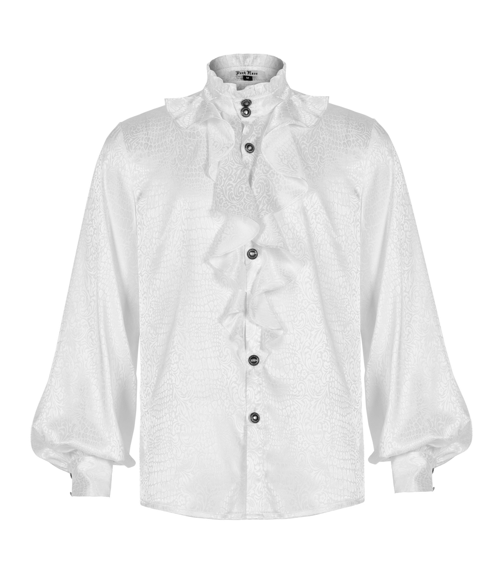 Elegant white ruffled blouse with high collar and black buttons for stylish gothic occasions.