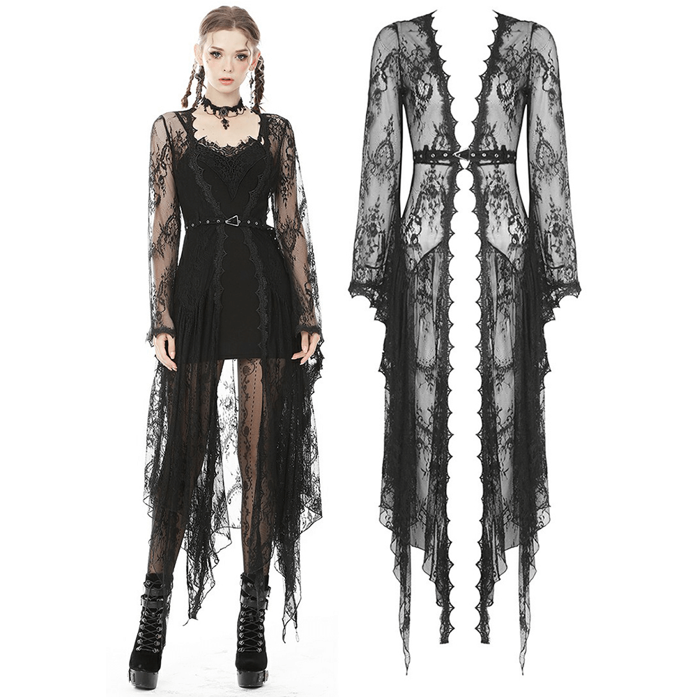 Elegant black lace cape with bell sleeves, perfect for a gothic-inspired fashion statement.