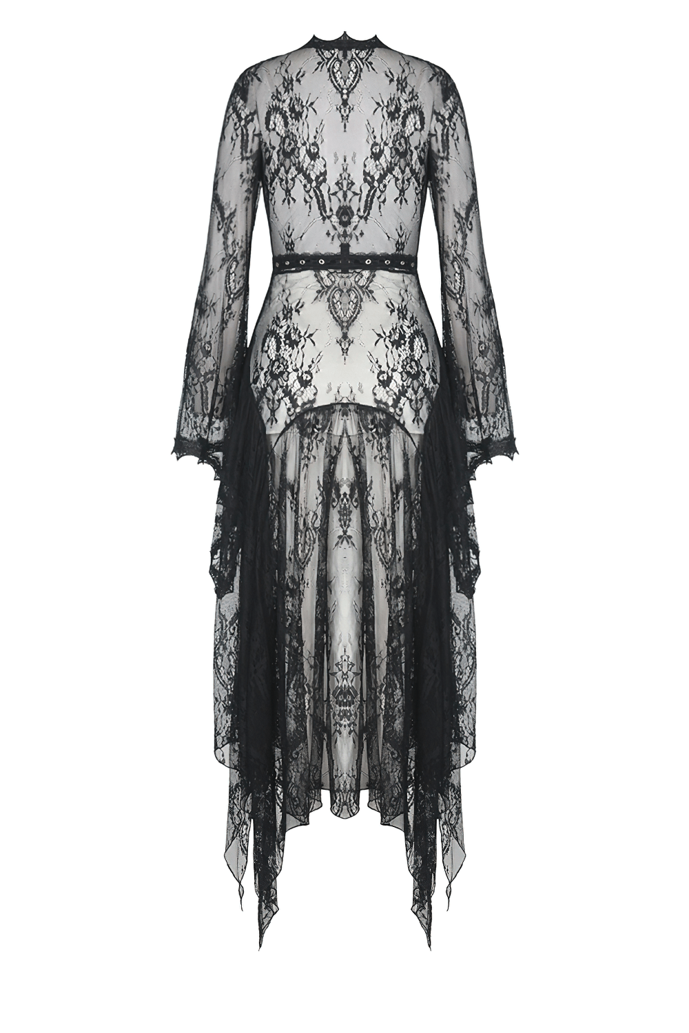 Elegant black long lace cape with flare sleeves, perfect for a gothic style outfit or cozy lounging.