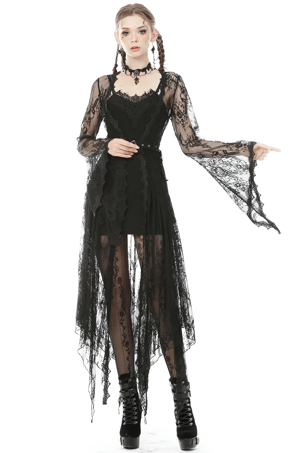 Elegant black lace cape with flare sleeves for women, perfect for a gothic style look.