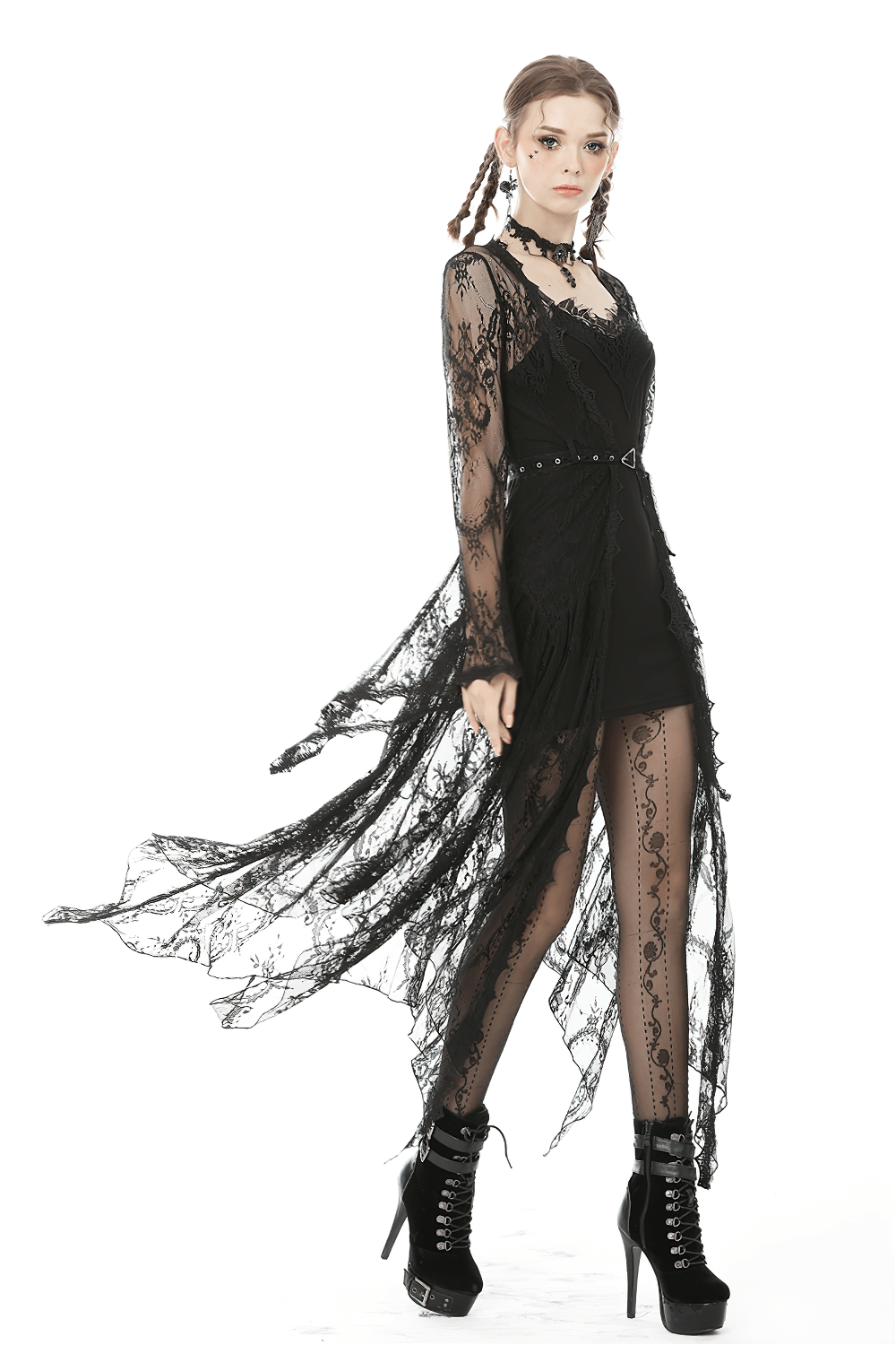 Elegant long black lace cape with flare sleeves, perfect for a goth-inspired look.