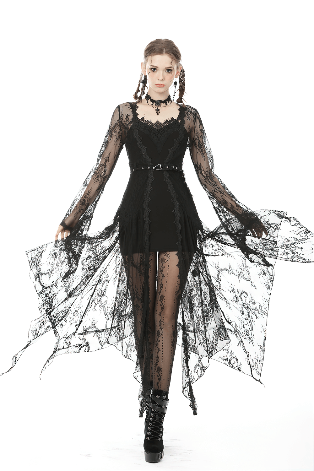 Elegant black lace cape with bell sleeves, stylish goth outfit for women, perfect for layering and special occasions.