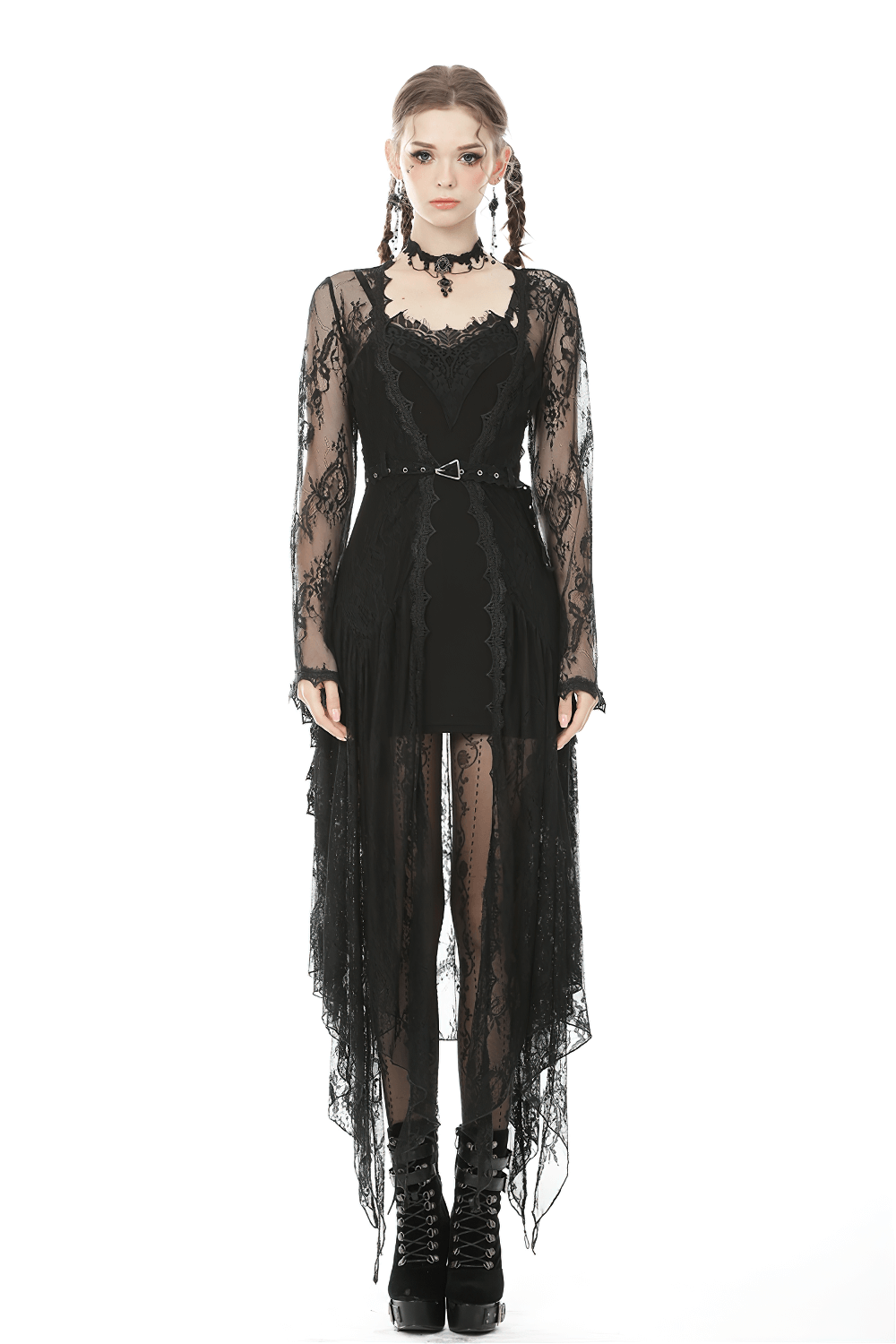 Elegant long black lace cape with bell sleeves, perfect for a gothic-inspired outfit or lounge wear.