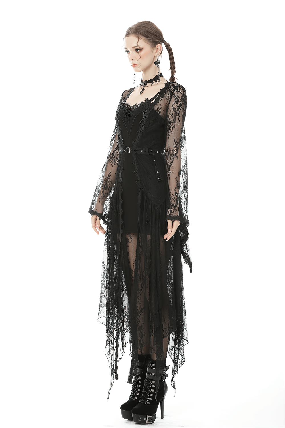 Elegant black lace cape with flare sleeves for women, perfect for a stylish gothic look.