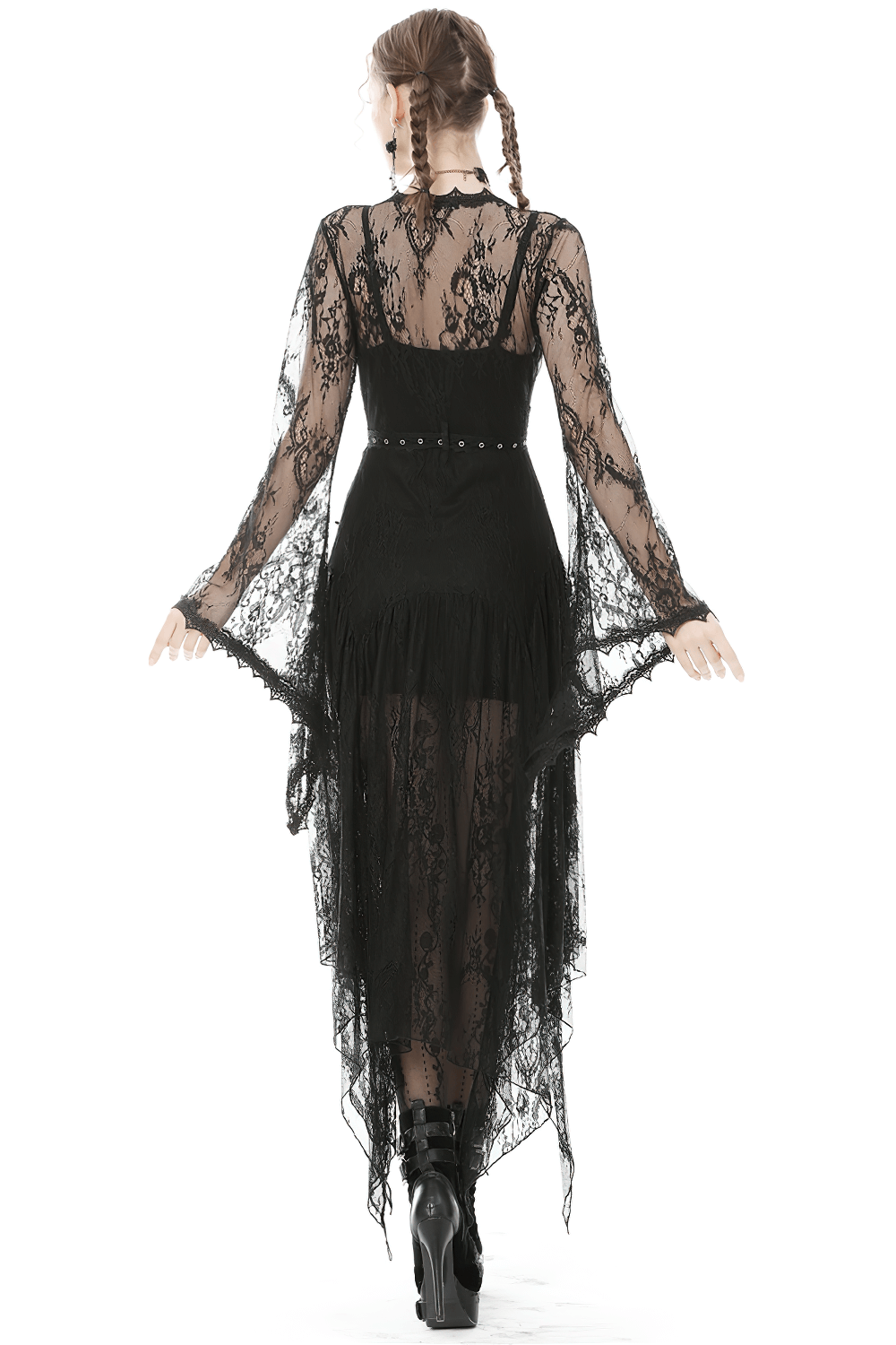 Elegant black lace cape with dramatic bell sleeves, perfect for a stylish goth look.