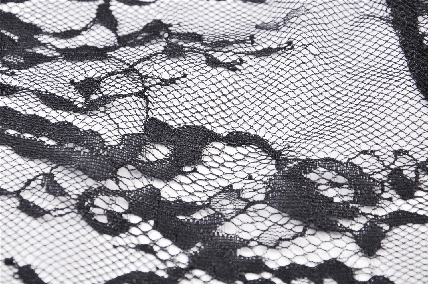 Close-up of intricate black lace fabric with floral patterns, perfect for elegant clothing and accessories.