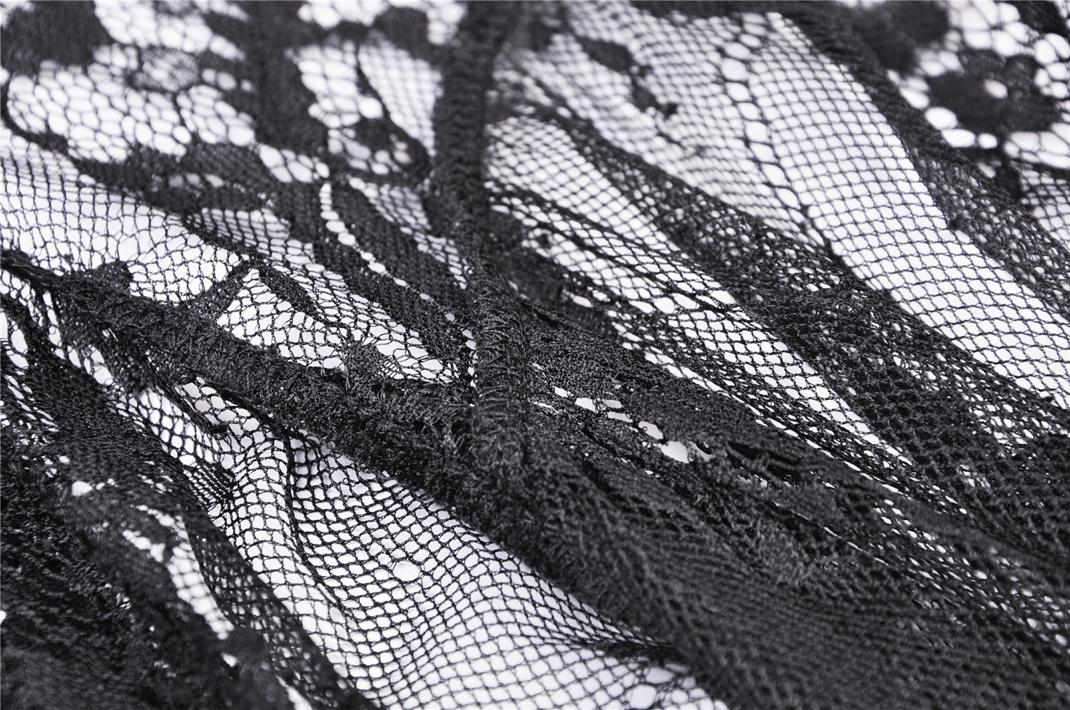 Close-up of elegant black lace fabric showcasing intricate patterns and textures, perfect for stylish garments.
