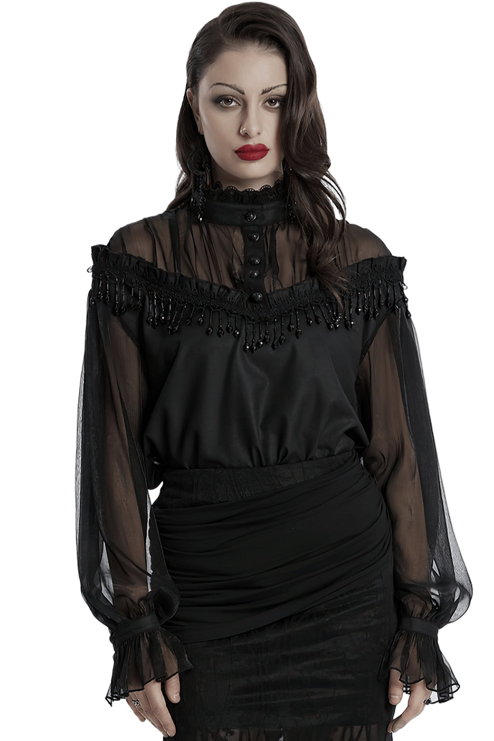 Elegant sheer black blouse with lace details and tassels, perfect for alternative fashion lovers.