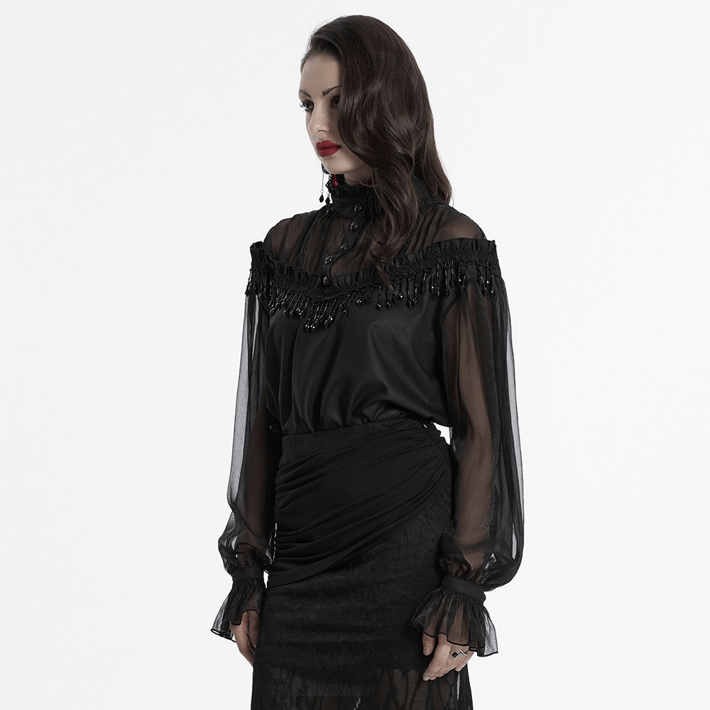 Elegant sheer black blouse with tassels and lace details, perfect for goth fashion lovers.