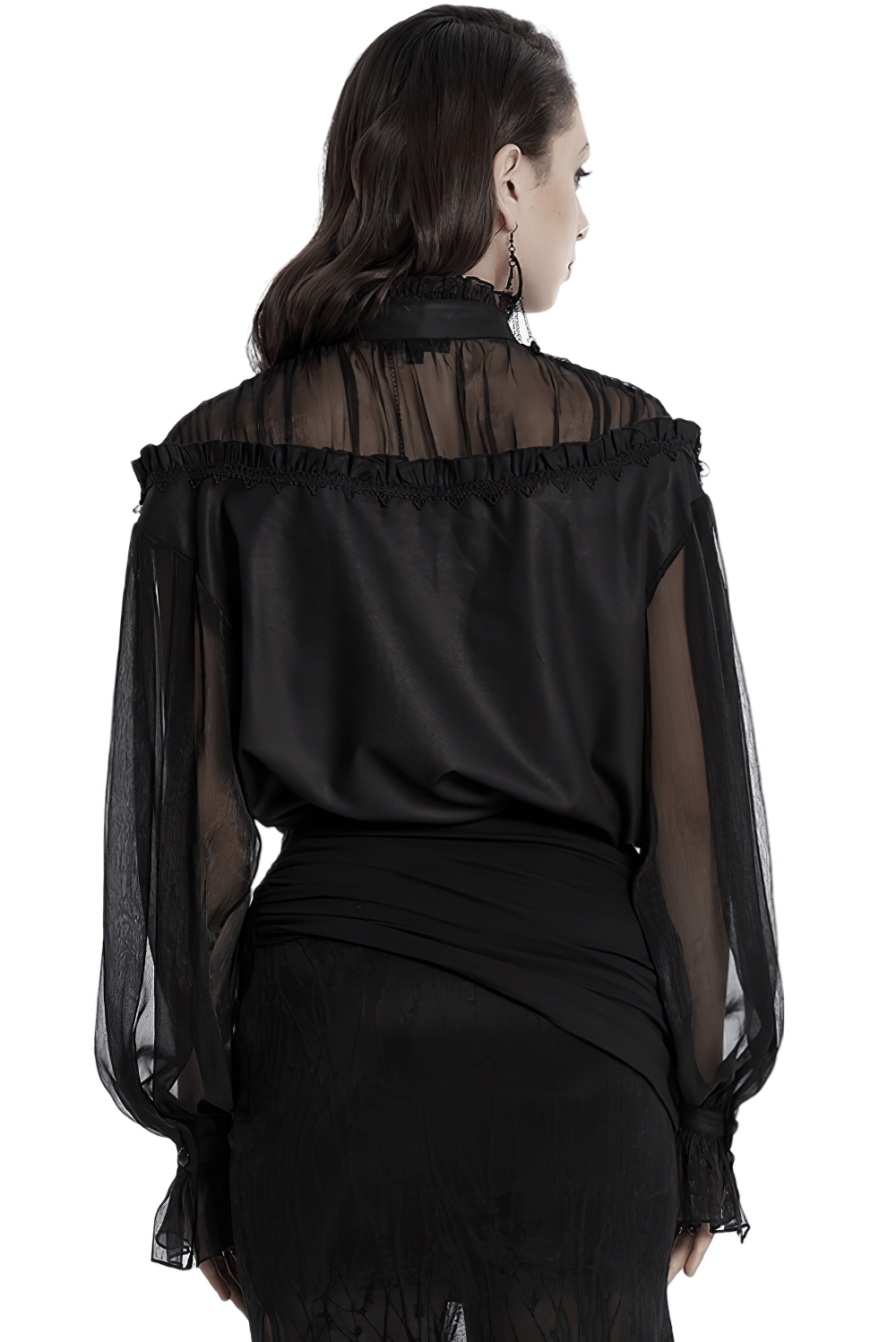 Elegant sheer black blouse with lace details and tassels, featuring an off-shoulder design and relaxed fit.