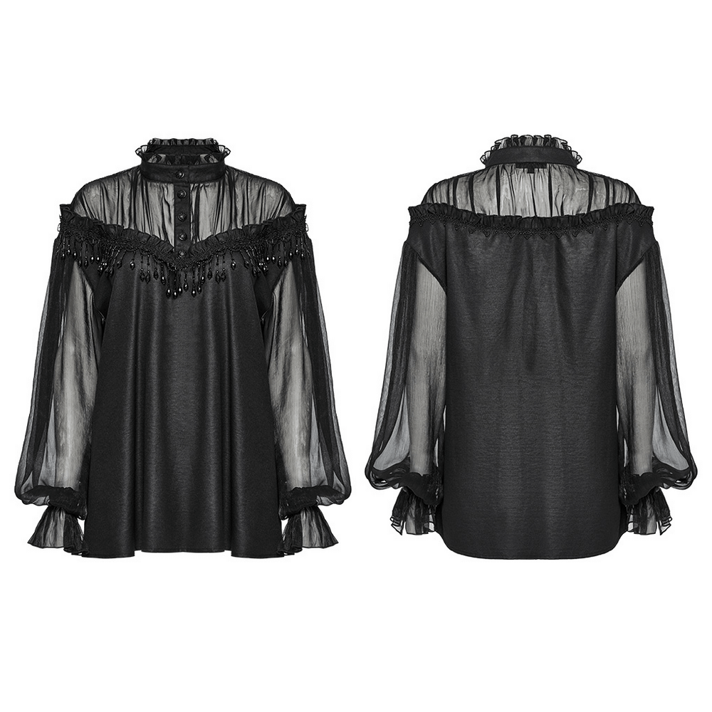 Elegant sheer black blouse with lace tassels and off-shoulder design, perfect for gothic fashion lovers.