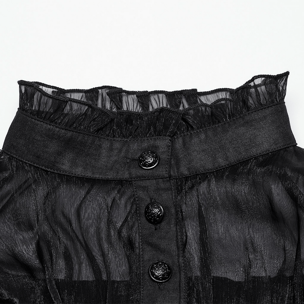 Elegant sheer black blouse neckline with lace trim and buttons, perfect for goth or alternative fashion enthusiasts.