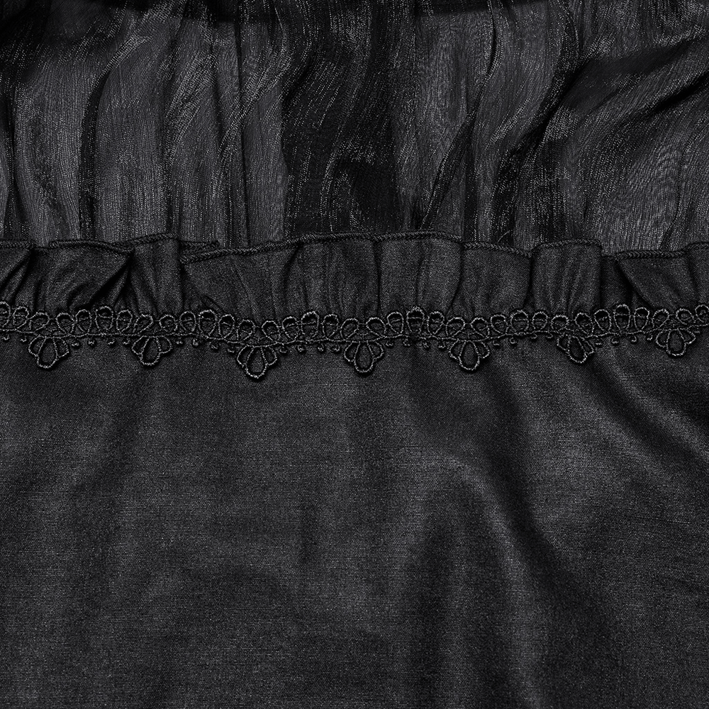 Elegant sheer black fabric with intricate lace detailing and ruffled edges, ideal for gothic fashion.