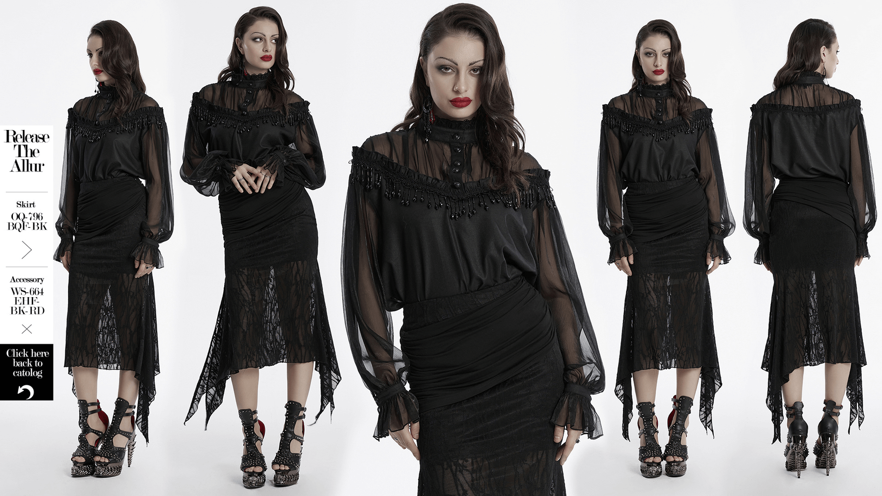 Elegant sheer black blouse with tassels and lace detailing, perfect for alternative fashion lovers.