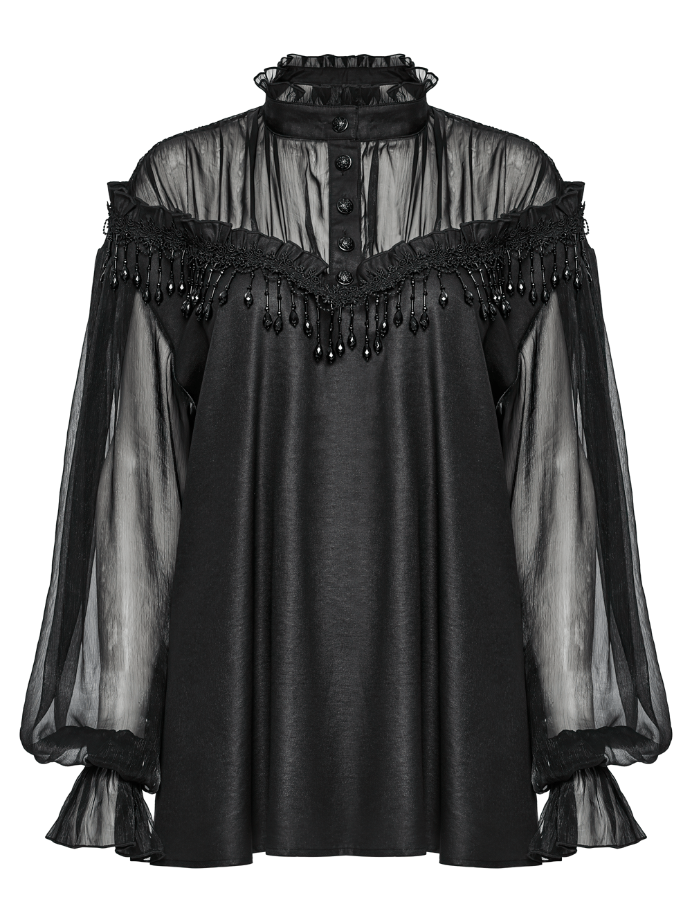 Elegant sheer black blouse with lace tassels and off-shoulder design, perfect for goth and alternative fashion enthusiasts.