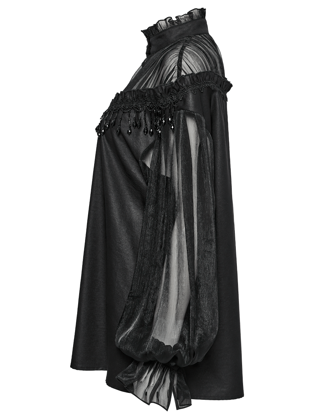 Elegant sheer black blouse with lace tassels and off-shoulder design, perfect for bold gothic fashion lovers.