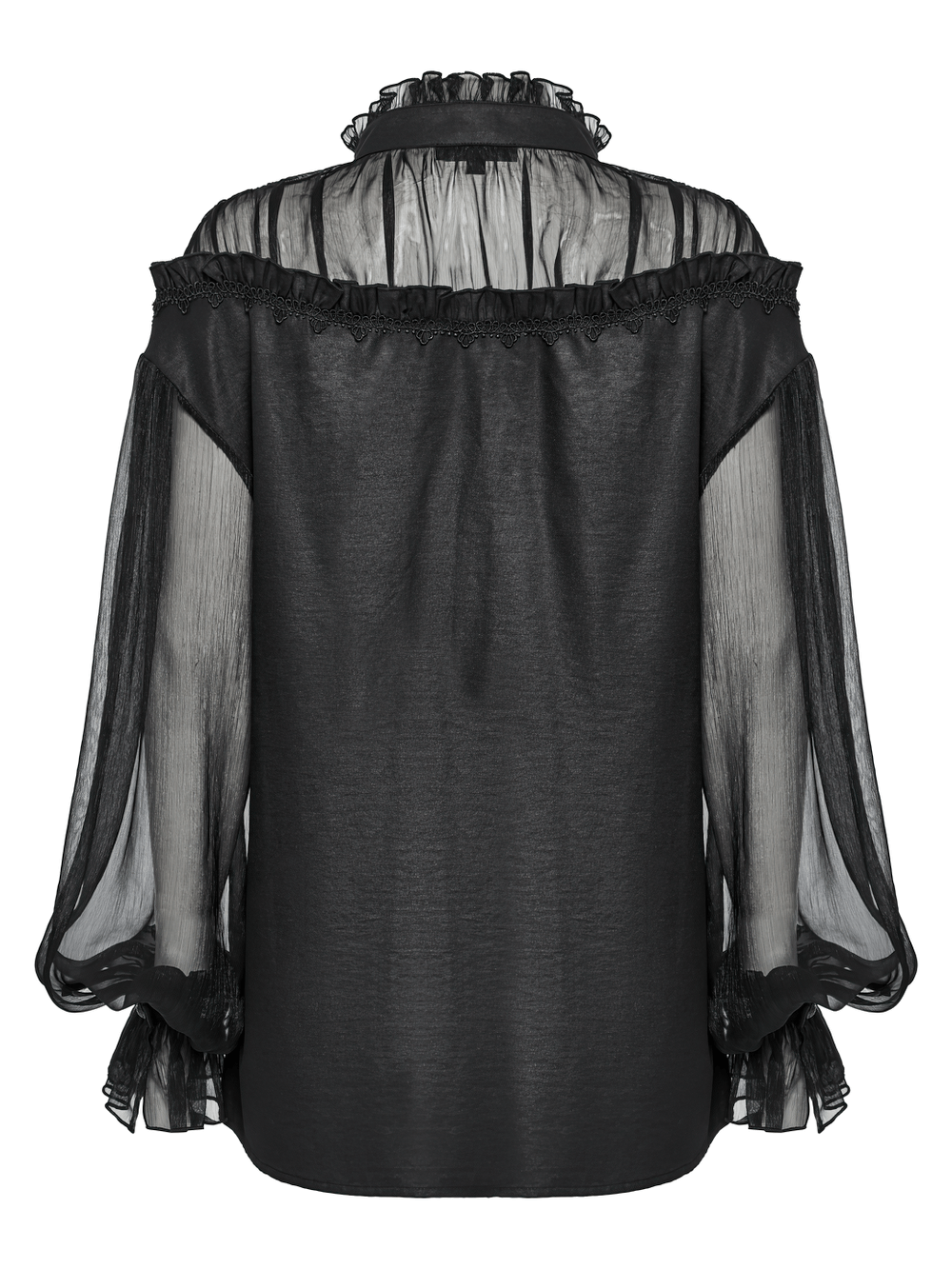 Elegant sheer black blouse with lace tassels, off-shoulder design for gothic and alternative fashion.