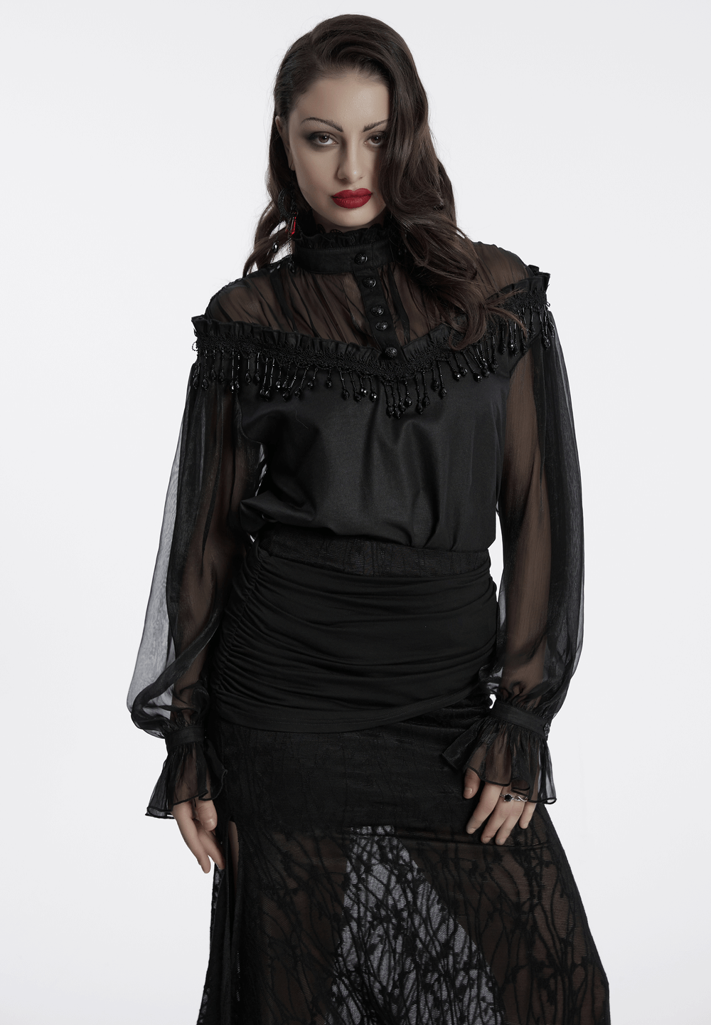 Elegant sheer black blouse with lace tassels, off-shoulder design, perfect for gothic fashion lovers.