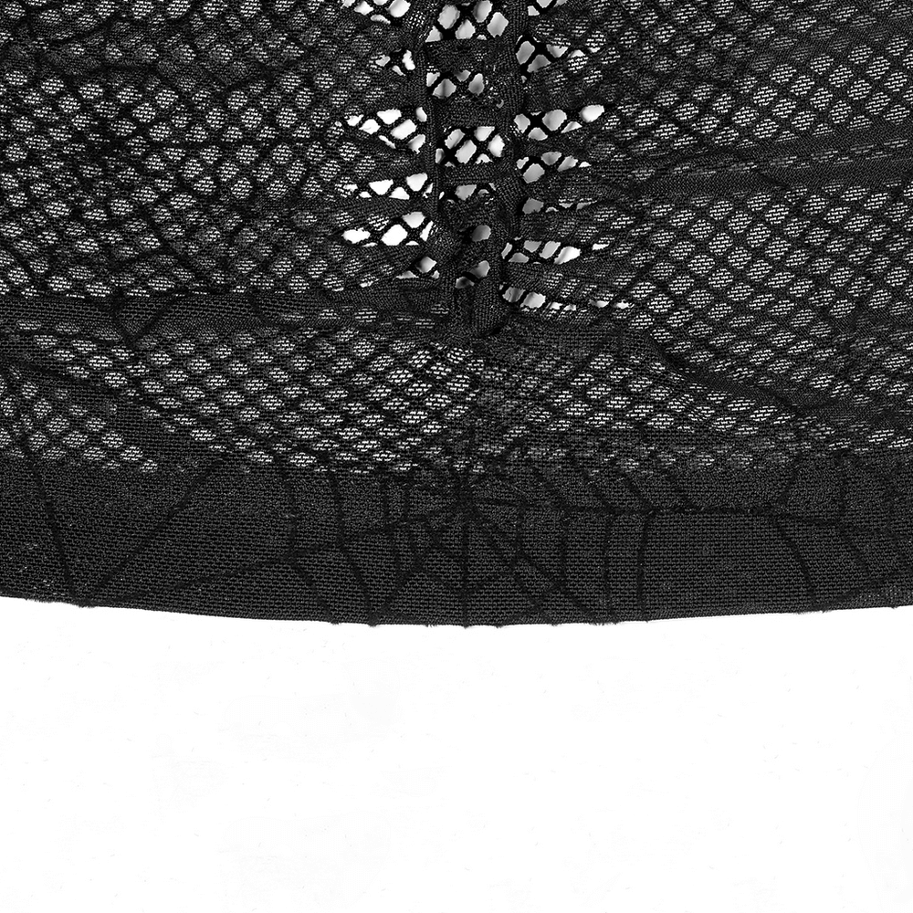 Close-up of elegant sheer black mesh top with intricate spiderweb design, highlighting the stylish fabric and texture.