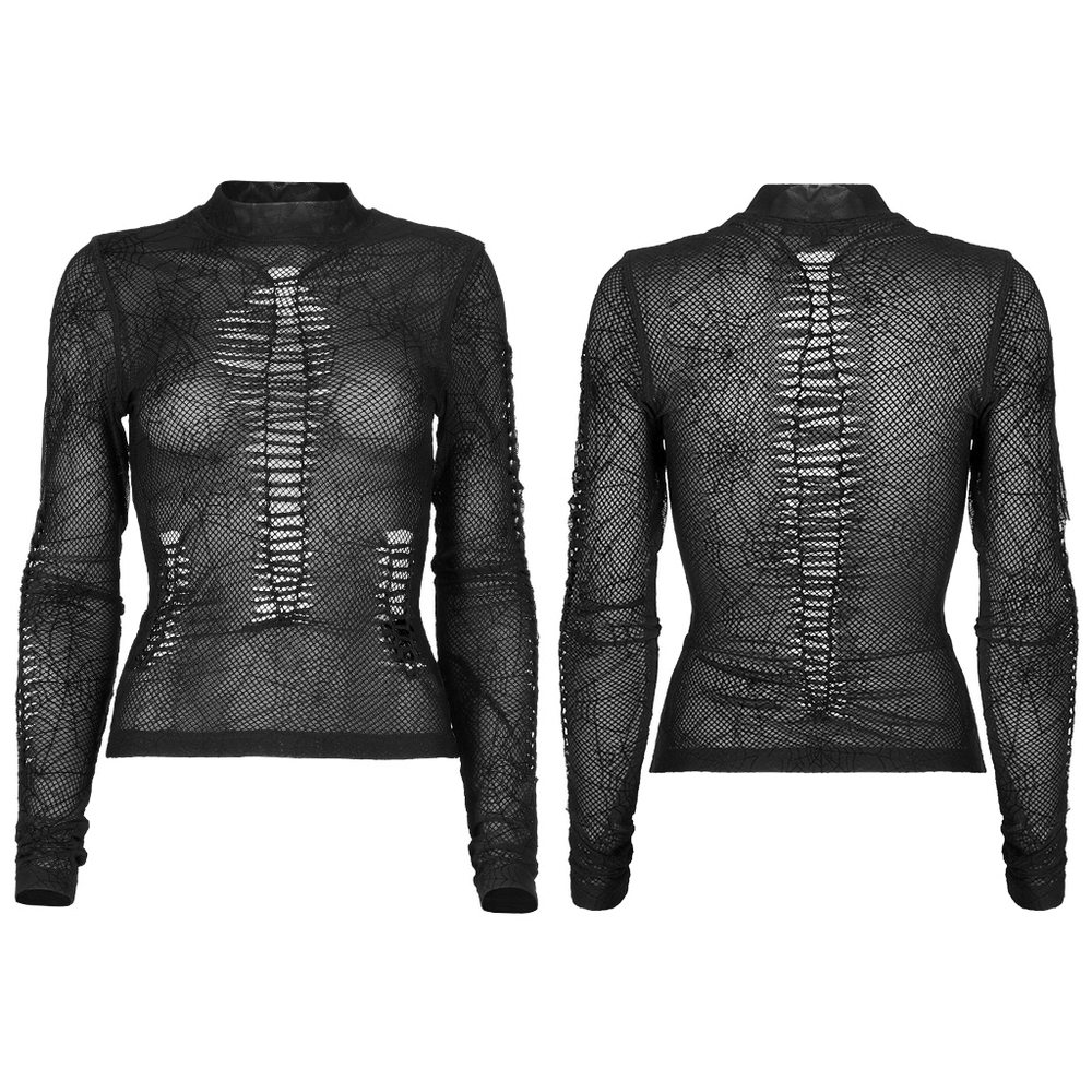 Elegant sheer long sleeves mesh top with spiderweb design for a gothic style night out.