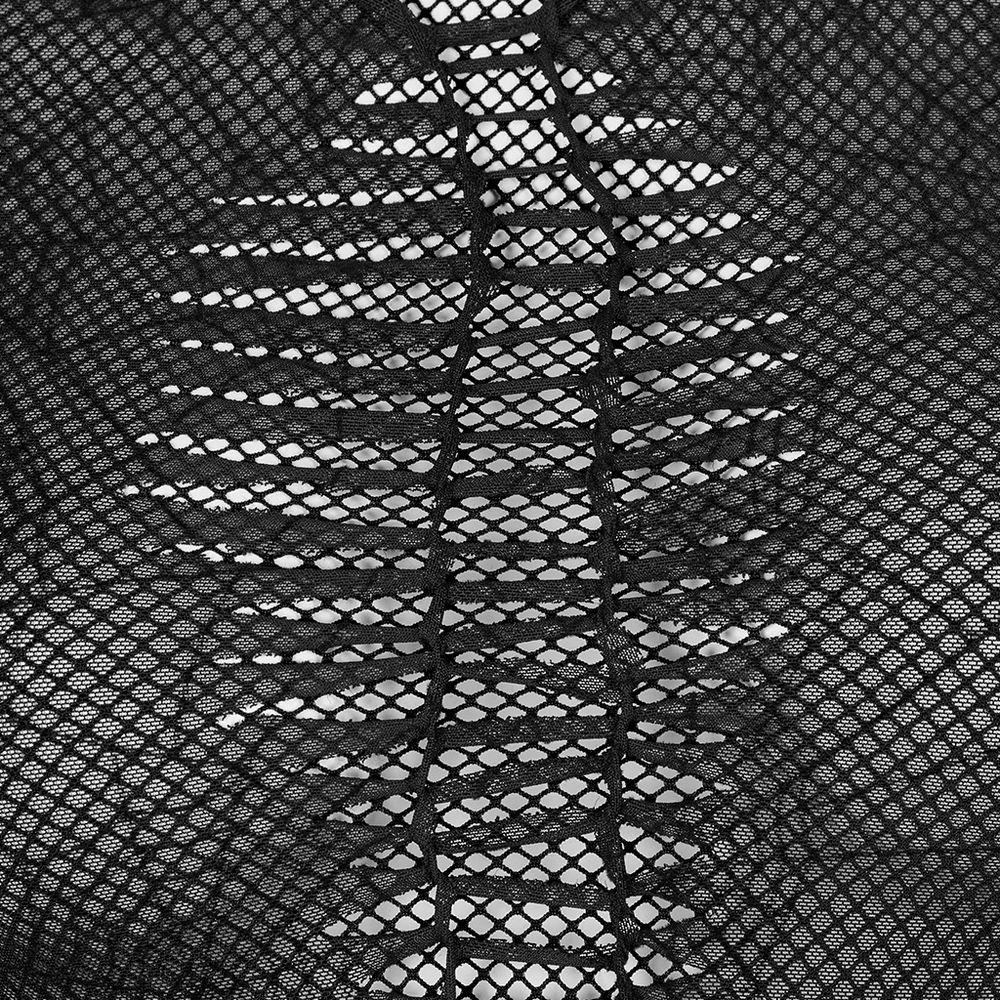 Close-up of elegant black mesh fabric with intricate spiderweb design, showcasing its lightweight texture and pattern.