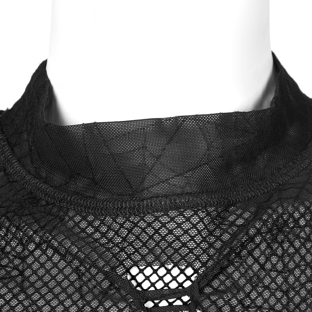 Close-up of the collar of an elegant sheer mesh top featuring a spiderweb design, perfect for gothic fashion.