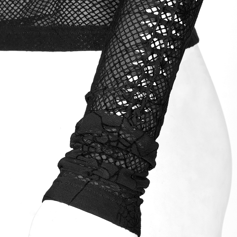 Close-up of the elegant sheer long sleeves mesh top featuring intricate spiderweb design and ruched cuffs.