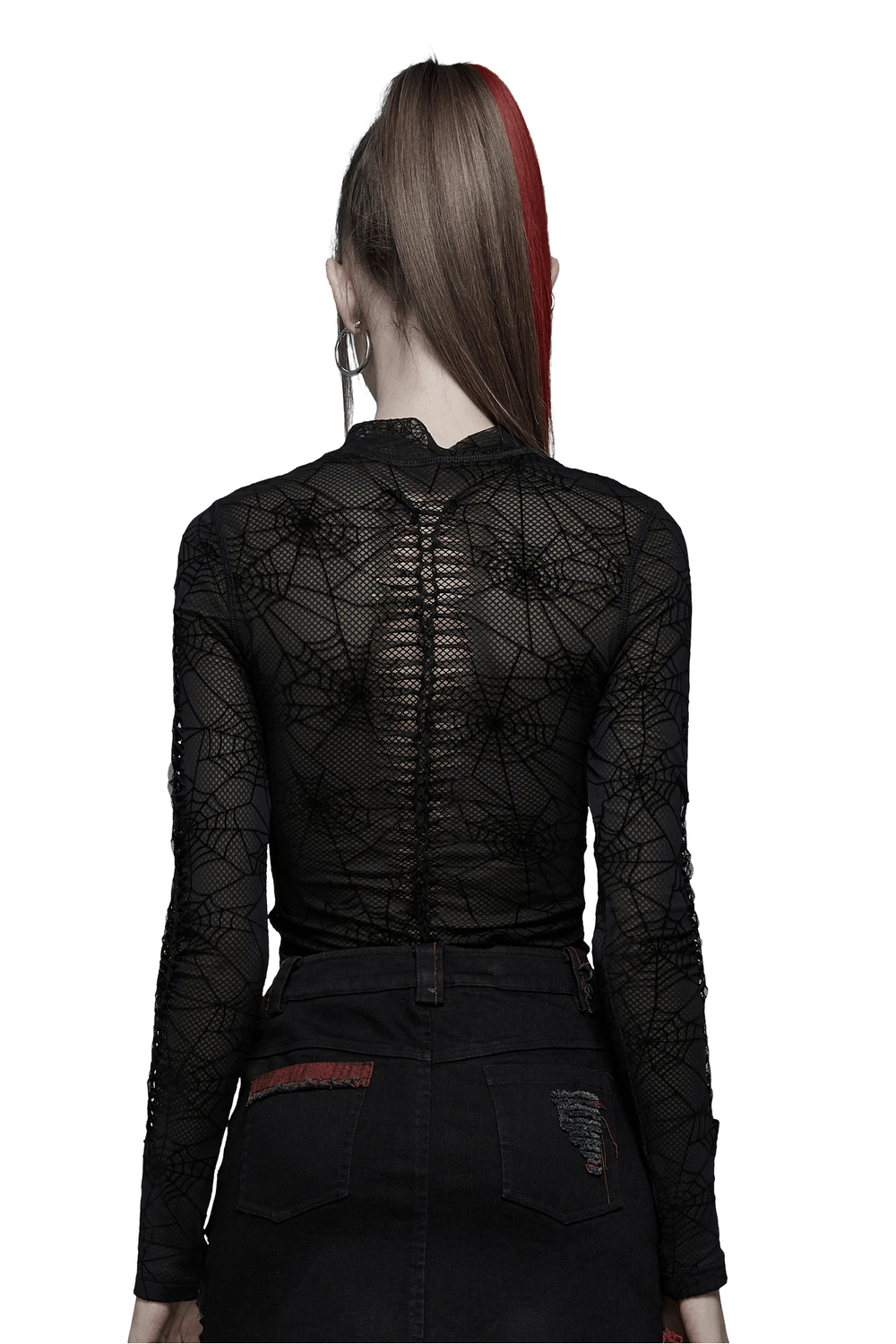 Back view of an elegant sheer long sleeves mesh top featuring a spiderweb design, perfect for a gothic outfit.