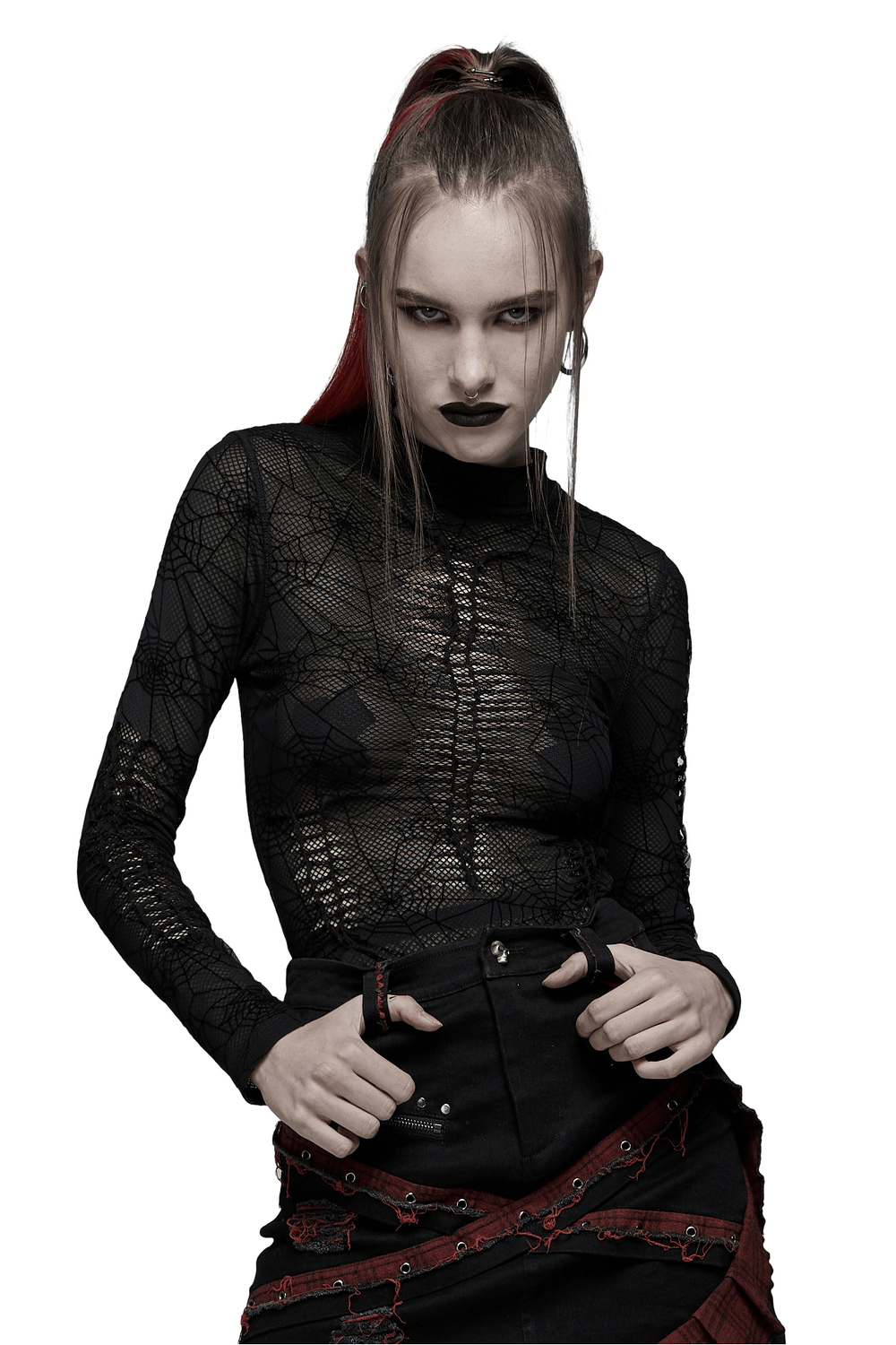 Gothic sheer long sleeves mesh top with spiderweb design, perfect for creating a dark fairy look.