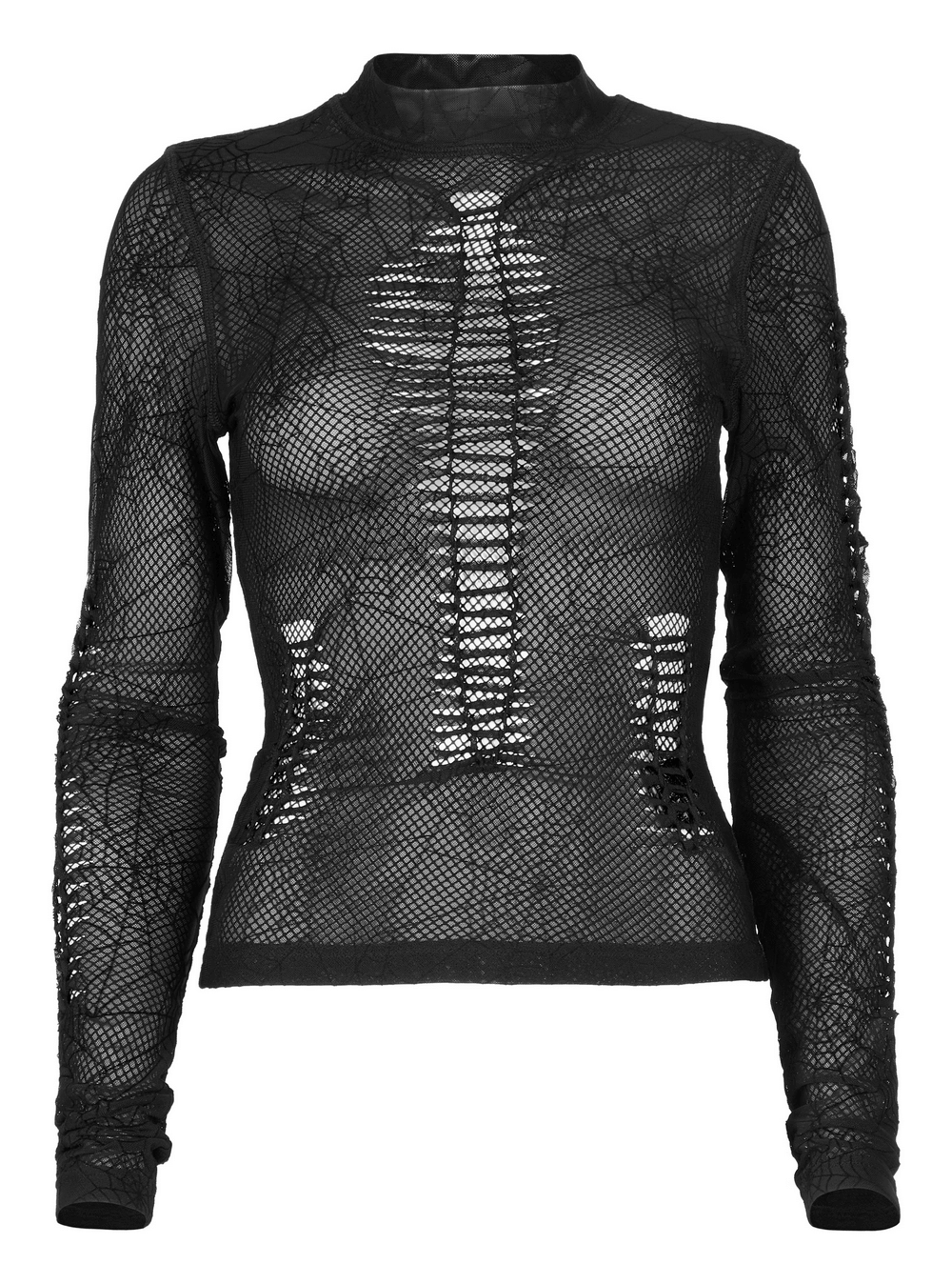 Elegant sheer long sleeves mesh top with spiderweb design for a gothic and edgy look.