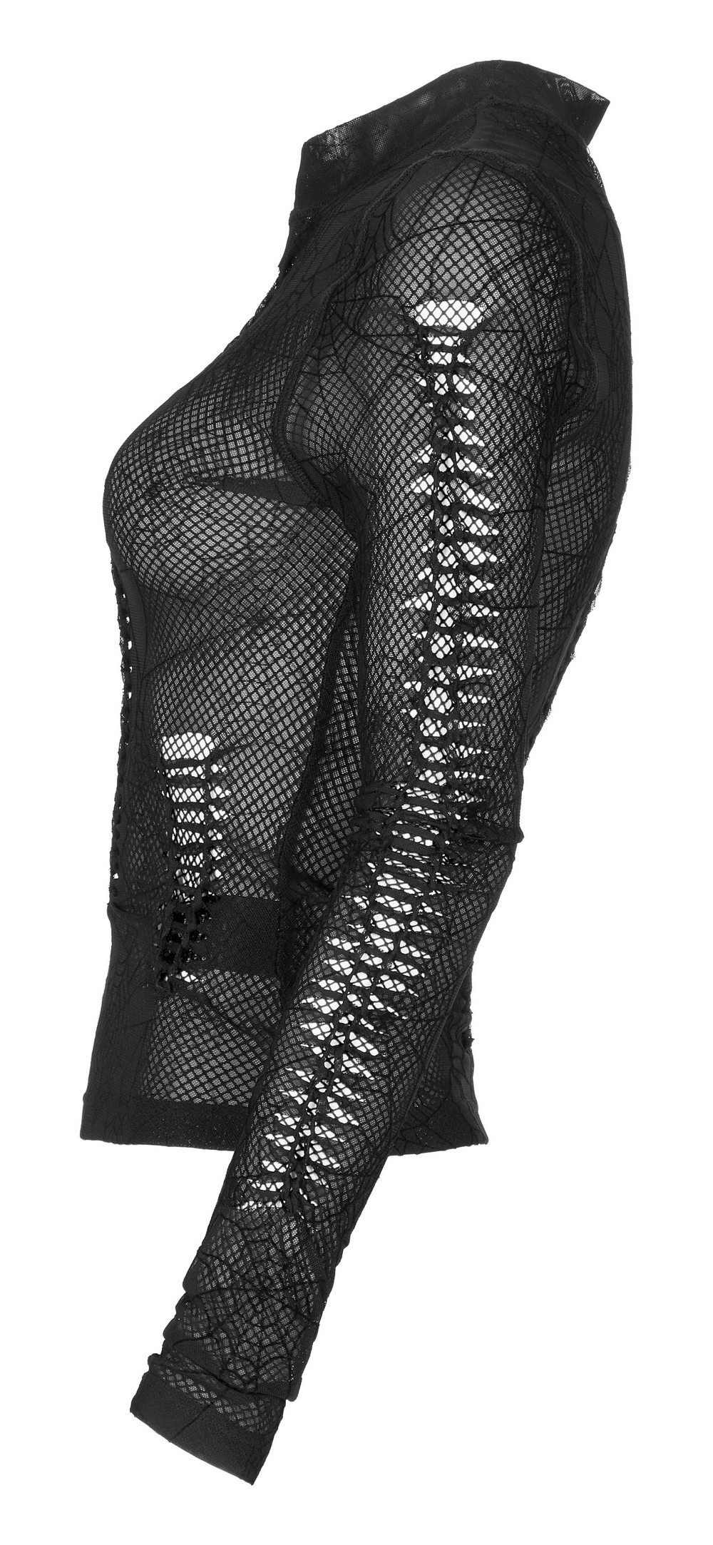 Elegant sheer black mesh top with spiderweb design and long sleeves, perfect for gothic fashion enthusiasts.
