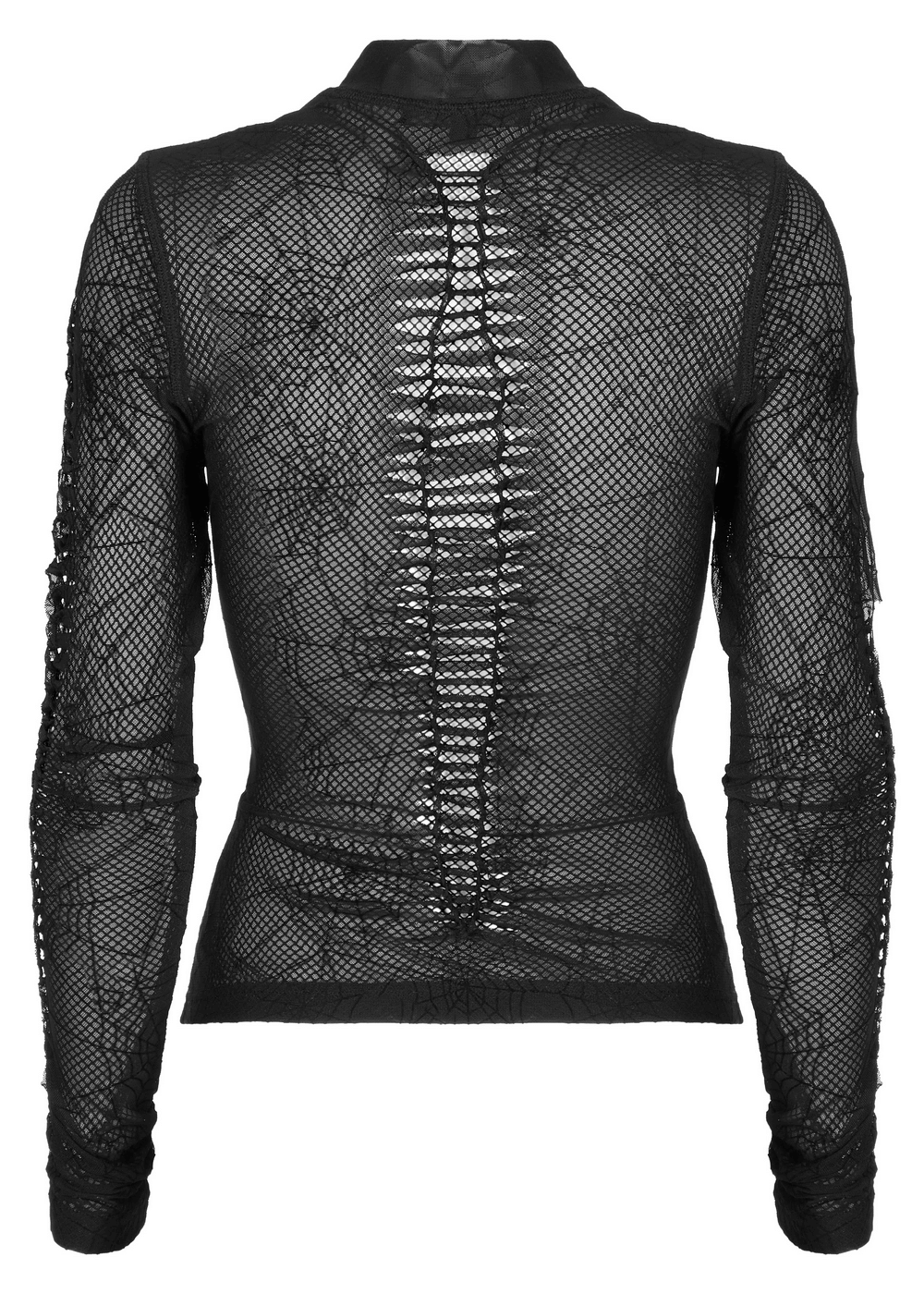 Elegant sheer black mesh top with long sleeves and spiderweb design, showcasing a chic back view.