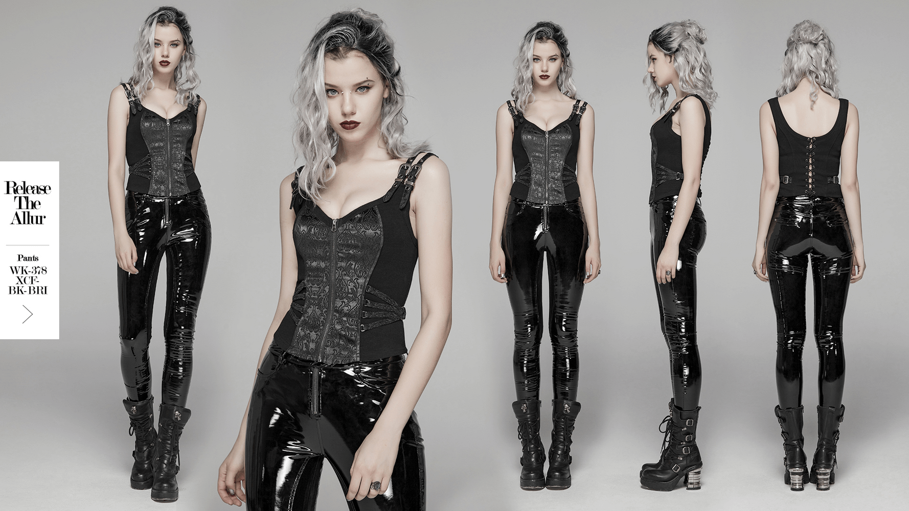 Stylish model showcasing a black corset top with lace-up details and fitted shiny pants, exuding edgy fashion vibes.