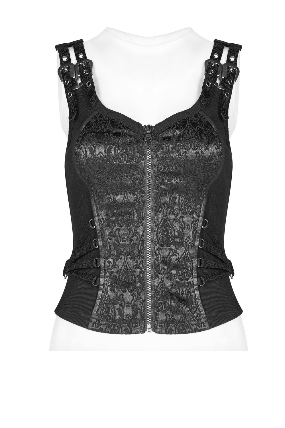 Elegant steampunk jacquard waistcoat with metal accents and adjustable buckles.