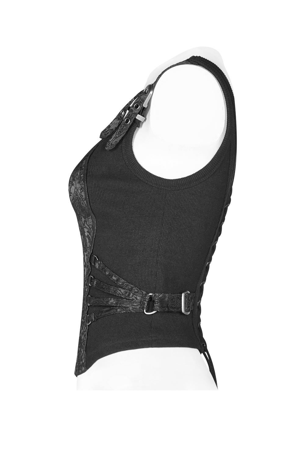 Elegant black steampunk waistcoat with rib and jacquard fabric, featuring metal buckle accents and an adjustable fit.
