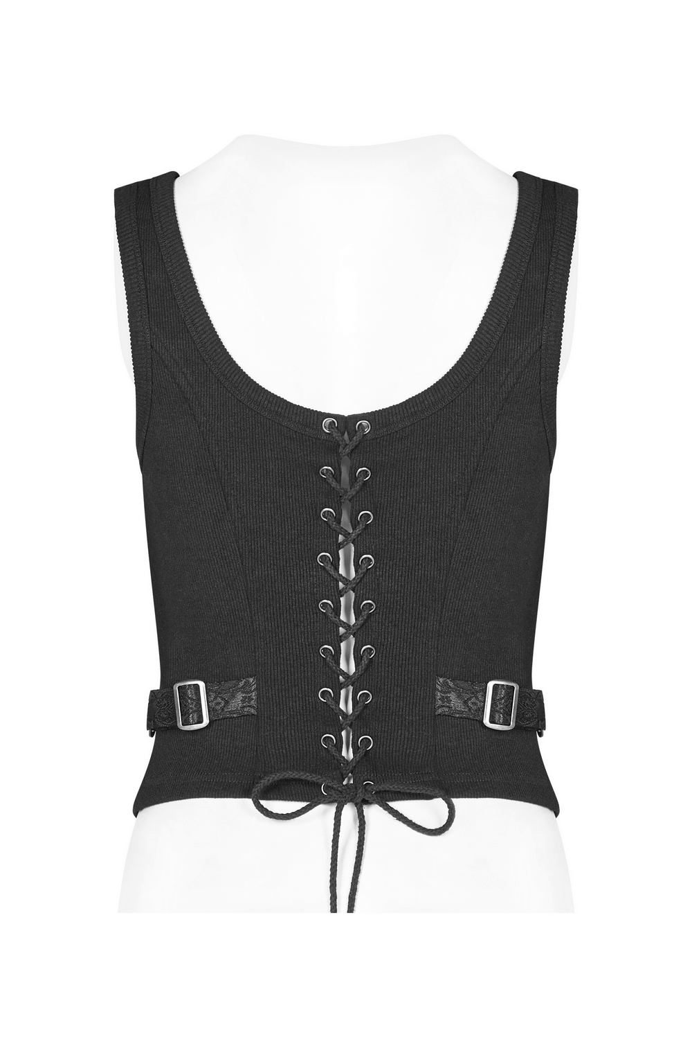 Back view of a black steampunk waistcoat with lace-up detail and adjustable buckles, perfect for a unique style.