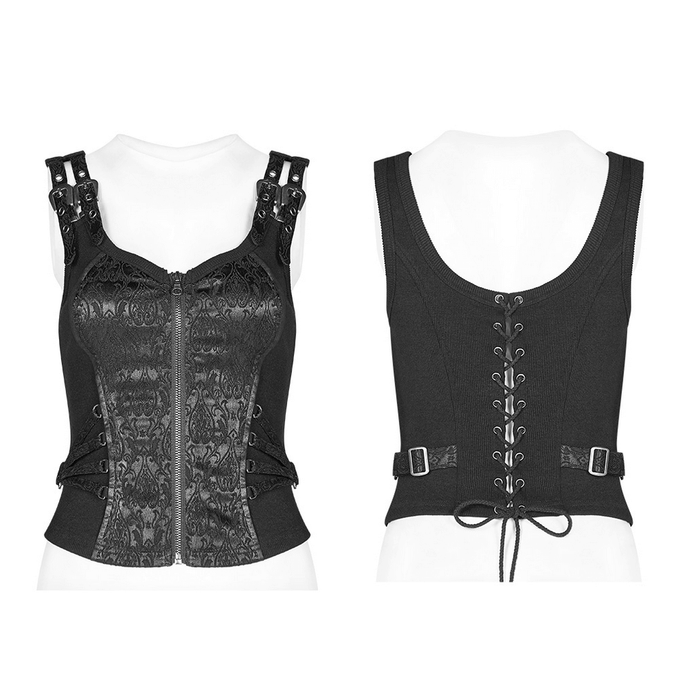 Elegant black steampunk jacquard waistcoat featuring a zipper and lace-up back for a tailored fit.
