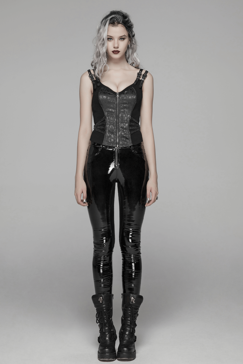 Elegant steampunk waistcoat with zipper, paired with stylish black pants and boots, showcasing a unique industrial look.