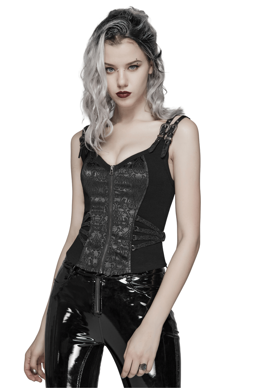 Elegant black waistcoat with jacquard details and zipper, featuring adjustable bandeau and buckle accents.