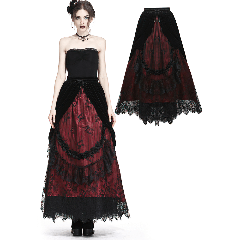 Elegant Victorian red and black layered lace long skirt, perfect for a steampunk-inspired look.