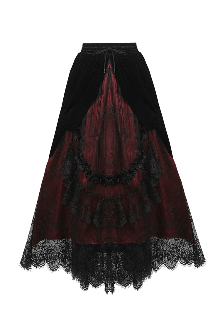 Elegant steampunk black velvet skirt with red lace layers, perfect for Victorian-inspired outfits.