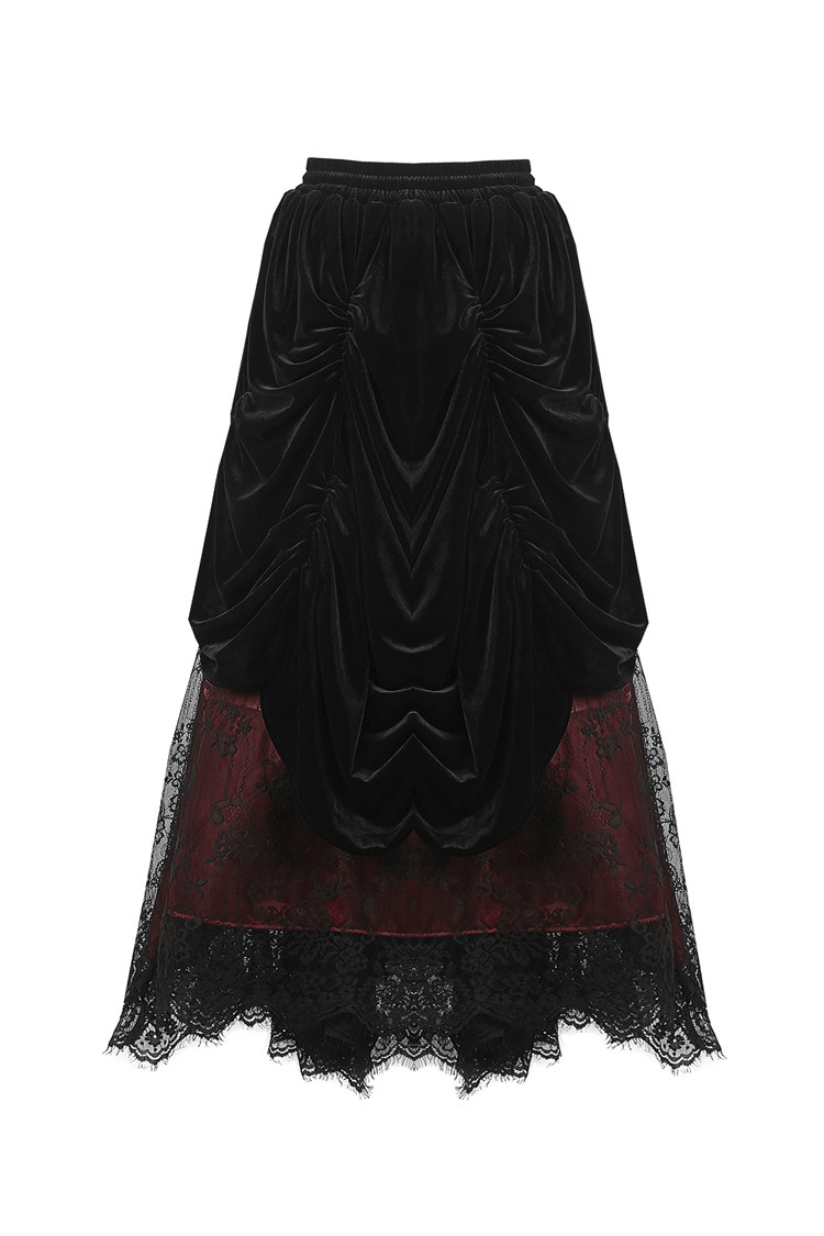 Elegant black and red steampunk maxi skirt with layered lace and velvet, perfect for a gothic-inspired look.