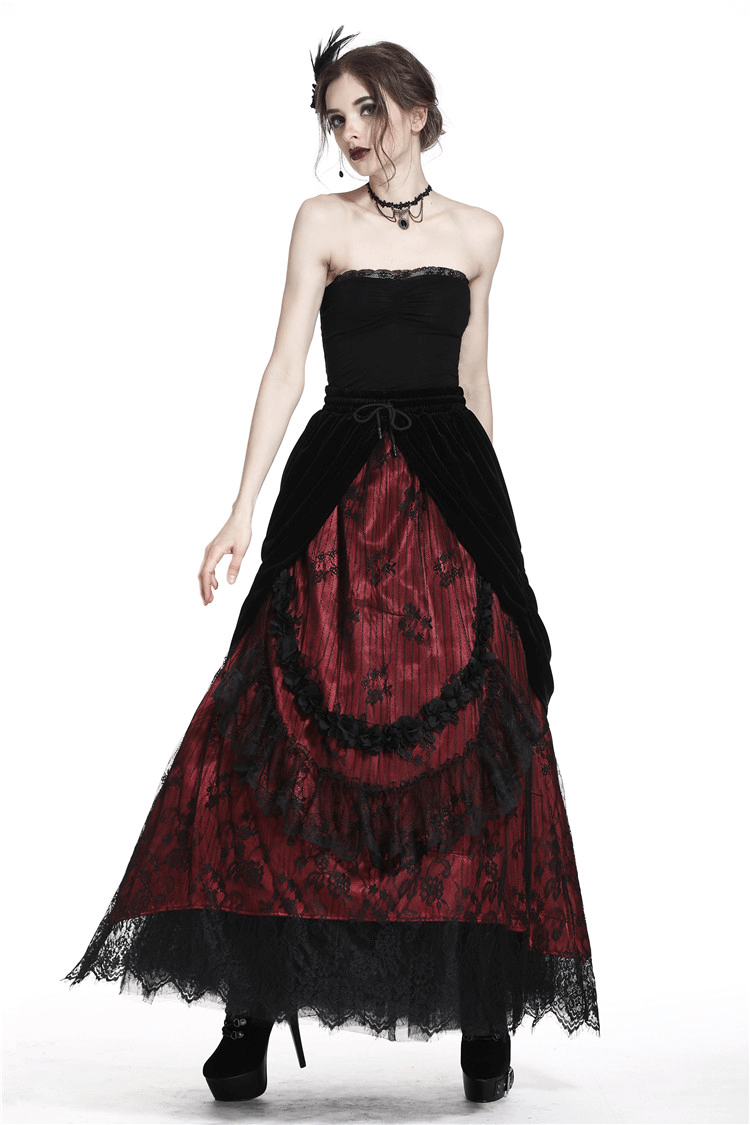 Elegant steampunk layered lace long skirt featuring red and black tiered design for a Victorian-inspired look.