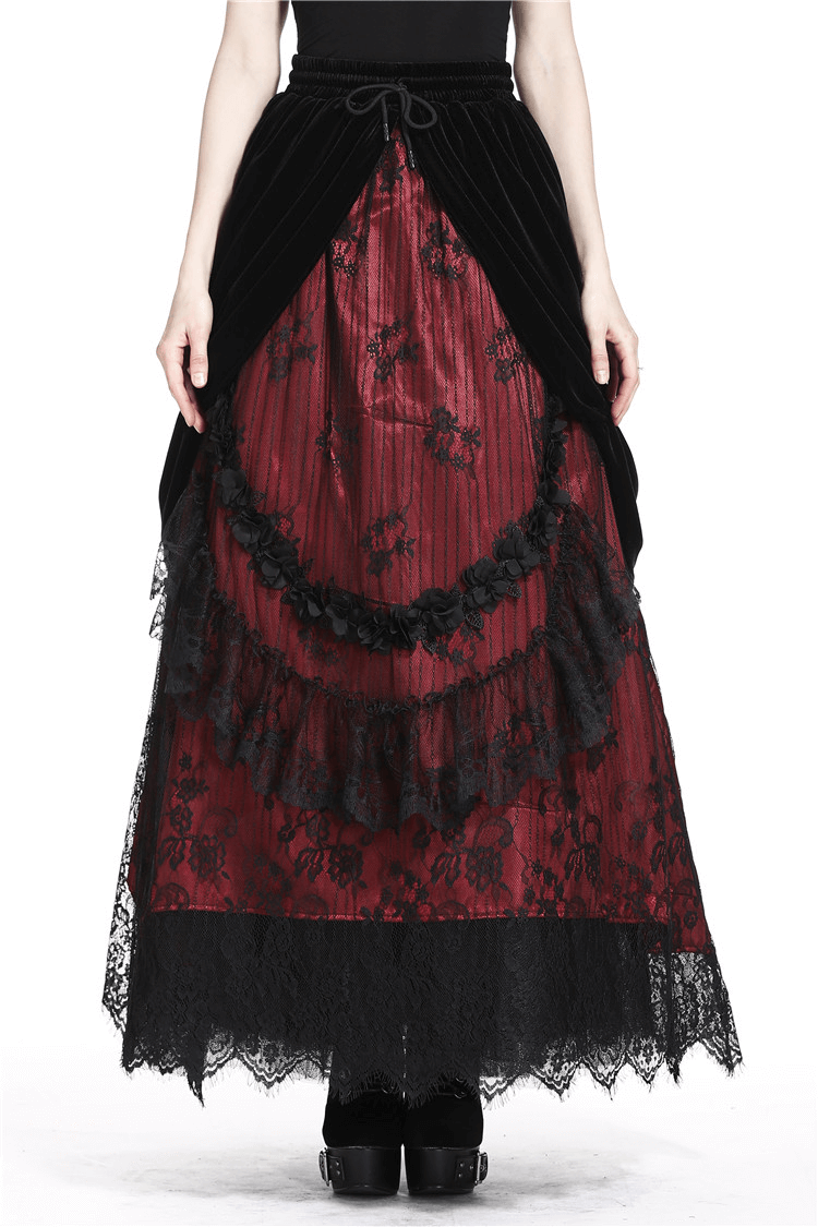 Elegant Victorian-inspired layered lace long skirt in red and black, perfect for unleashing your dark queen vibe.