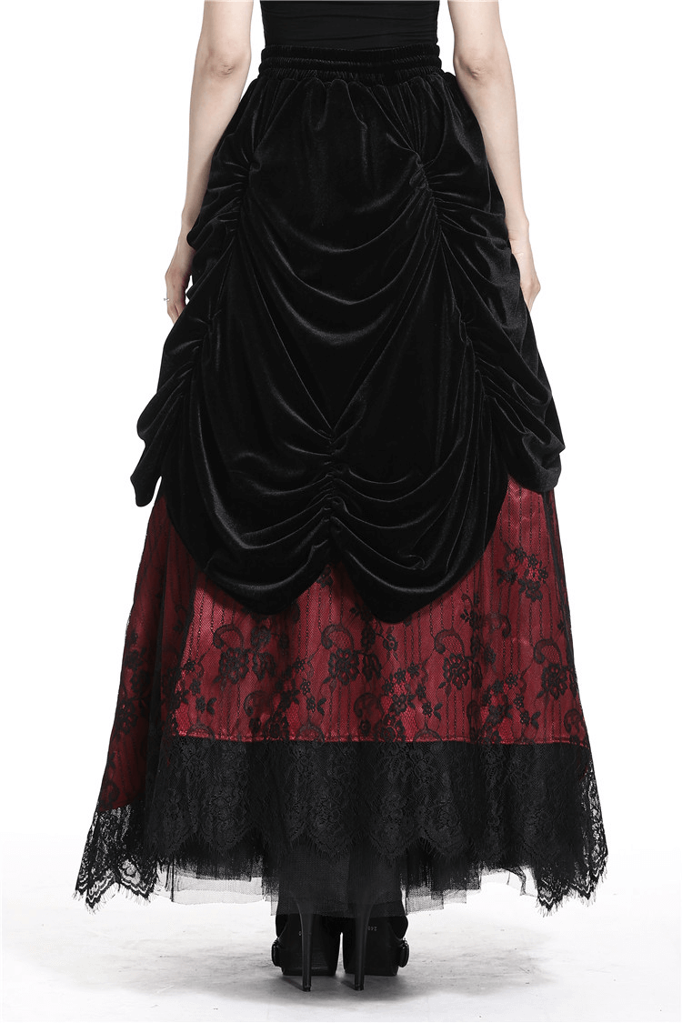 Back view of an elegant steampunk layered lace skirt for women, featuring black velvet and red lace detailing.