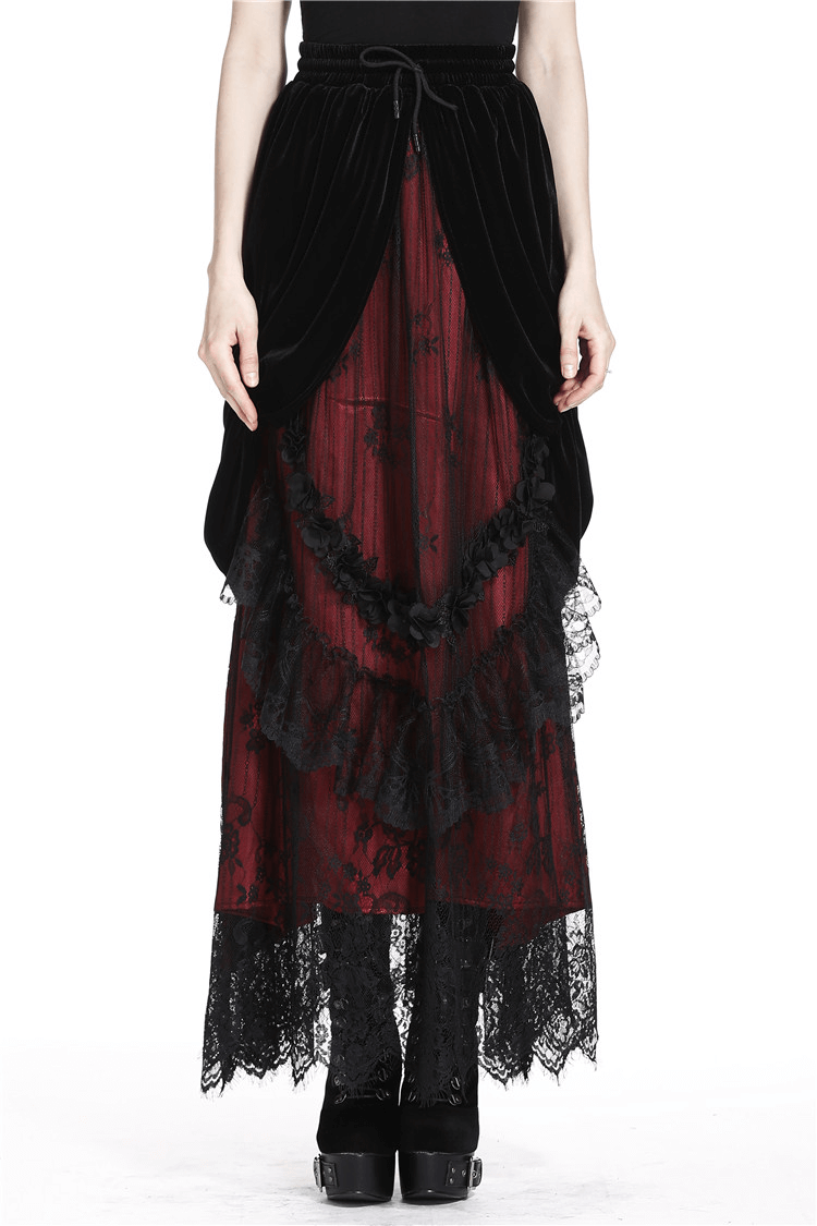 Elegant black velvet and red lace layered skirt for women, showcasing Victorian-inspired gothic style.