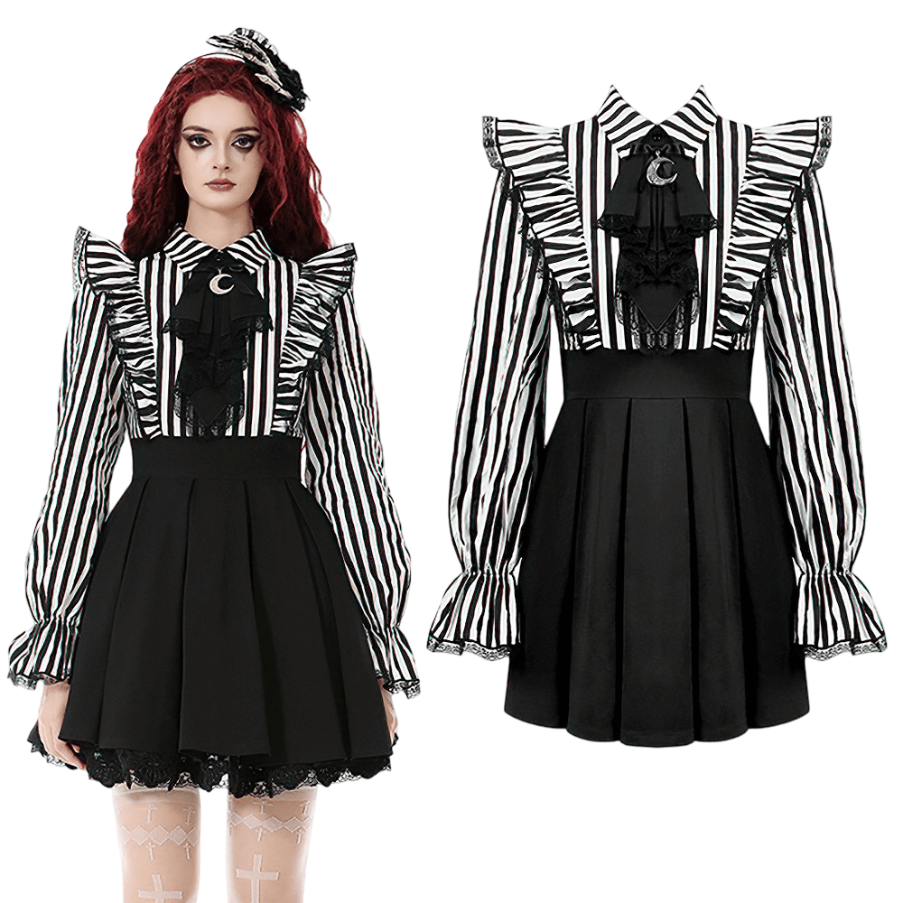 Elegant Striped Dress with Ruffle Sleeves and Moon Detail in black and white stripes, featuring dramatic ruffle sleeves.
